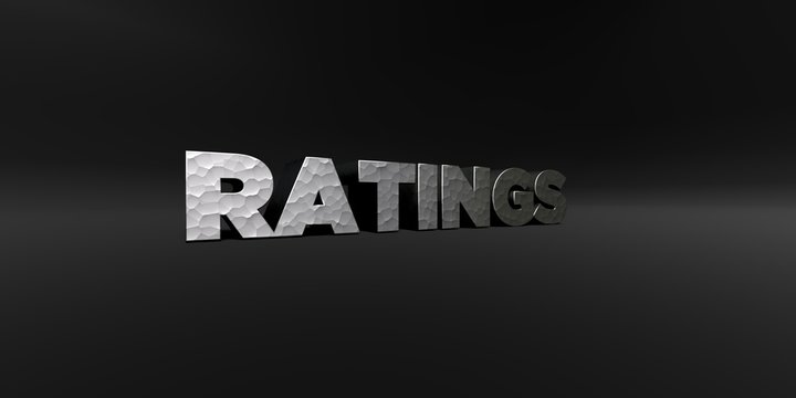 RATINGS - hammered metal finish text on black studio - 3D rendered royalty free stock photo. This image can be used for an online website banner ad or a print postcard.