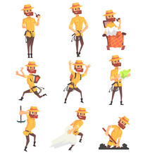 Adventurer Archeologist In Safari Suit With A Whip Set Of Activity Illustrations