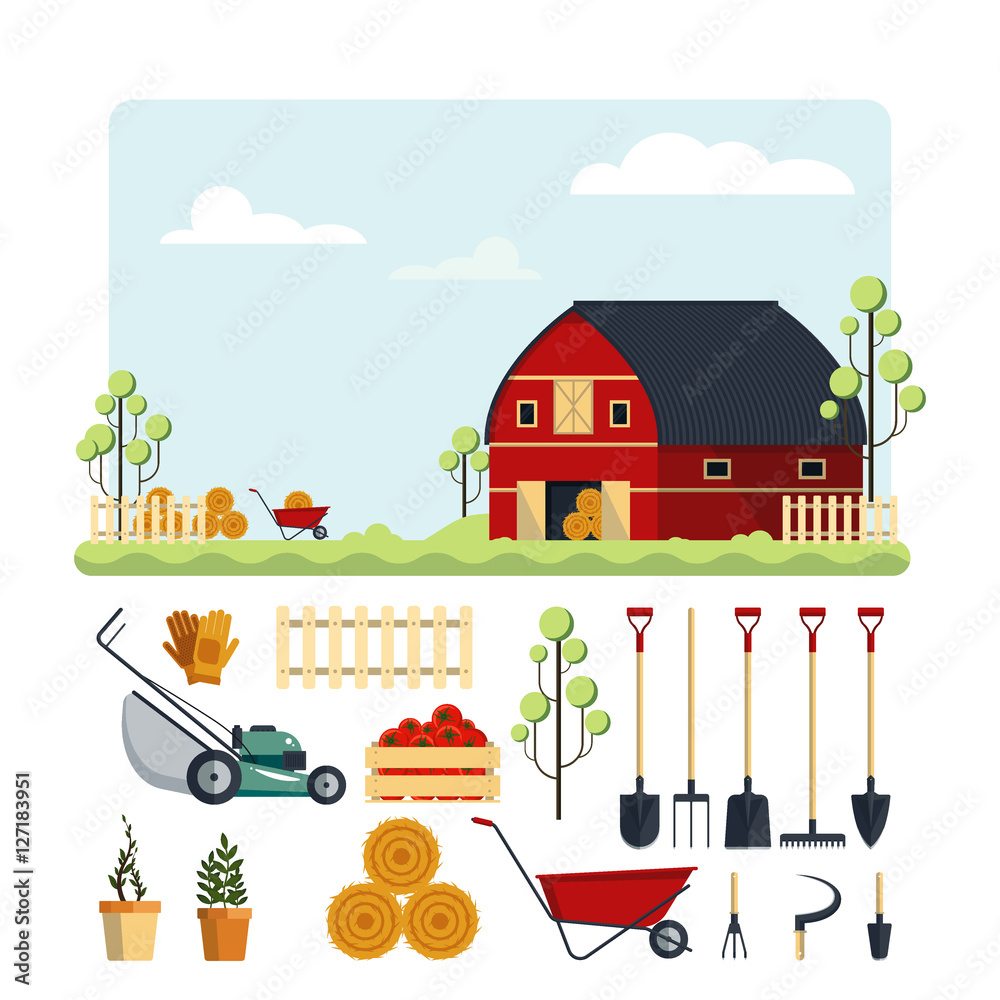 Set farm tools flat-vector illustration. Garden instruments icon collection  isolated on white background. Farming equipment, ranch with hay. Stock  Vector | Adobe Stock, image size:1000x1000