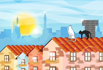 Two cats sit on the rooftop and admire a city panorama against the background of sunrise