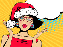Pop Art Wow Christmas Face. Sexy Surprised Woman In Red Santa Claus Hat With Open Mouth, Rising Hands, Speech Bubble. Vector Christmas Background In Pop Art Retro Comic Style. Party Invitation.