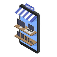 Poster - Isometric concept store online shopping of gadgets and electronics. Mobile phone store front. Sartwatches, tablets, computers, laptops on the shelves