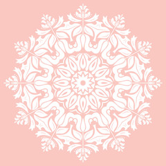 Wall Mural - Oriental round pattern with arabesques and floral elements. Traditional classic ornament. Pink and white pattern
