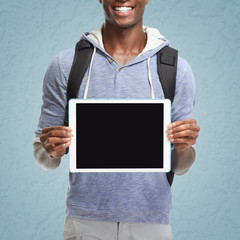 Sticker - Afro american man with tablet computer.