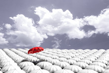 3D Rendering : Illustration Of Red Umbrella Floating Above From The Crowd Of Many White Umbrellas Against Blue Sky And Clouds.Business Leader Concept, Being Different Concepts