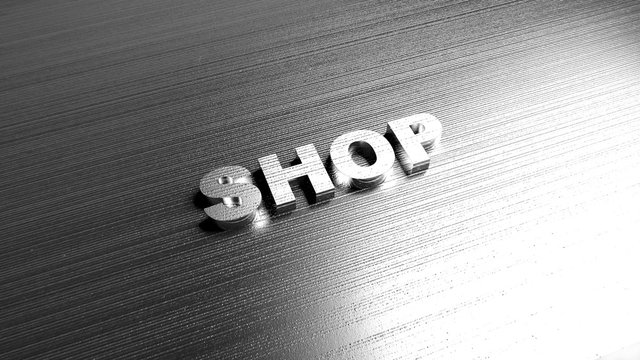 Metal word 'Shop' on steel background. Lettering for trade - online sales, boutique, shopping. Label template for store. 3D Rendering.