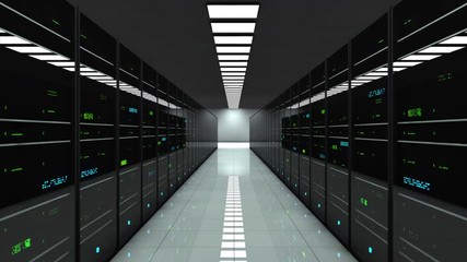 server room. dynamic focal length. led lights are flashing.
