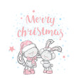 Cute bunnies in Christmas hats and scarves. Vector illustration for a card or poster. New Year's and Christmas.
