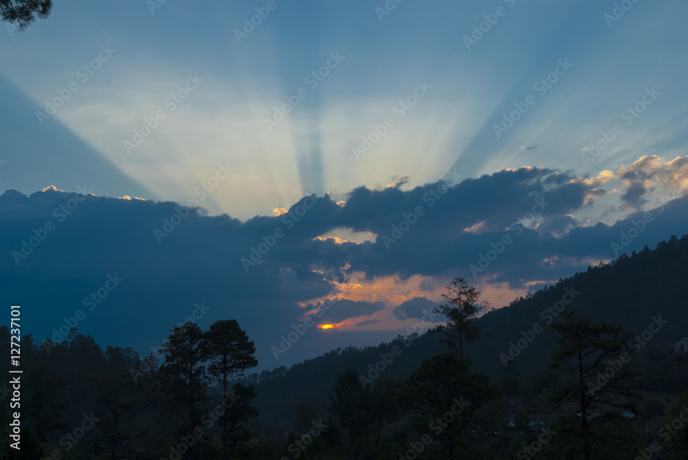beautiful ray of light sunrise in Jalapa. Guatemala - obrazy, fototapety, plakaty 