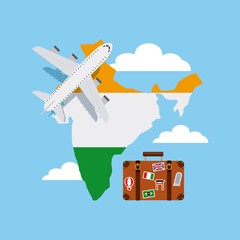 Canvas Print - airplane and suitcase over india country map with flag colors over sky background. vector illustration