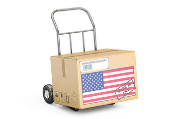 Poster - Made in USA concept. Cardboard Box on Hand Truck, 3D rendering