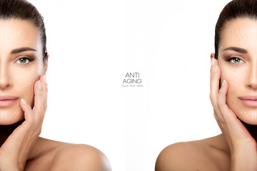 surgery and anti aging concept. two half face portraits