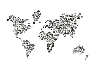  world map with social media icons over white background. vector illustration