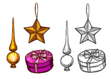 Christmas Tree Ornaments, Gifts, Vector Sketch