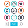 © blankstock - Tooth, dental care icons. Stomatology, syringe and implant signs. Healthy teeth, dentist and pills symbols. Report document, information icons. Vector