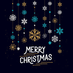 Merry Christmas Decorations. Hanging snowflakes and merry christmas sign. Vector illustration.