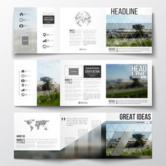 Set of tri-fold brochures, square design templates. Colorful polygonal background, blurred image, airport landscape, modern triangular vector texture