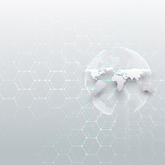 Poster - White world globe, connecting lines and dots, gray color background. Chemistry pattern, hexagonal molecule structure, scientific research. Medicine, science concept. Abstract design vector decoration.