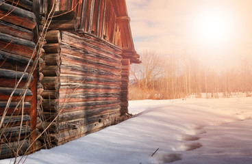 Wall Mural -  sunny landscape winter log house wal