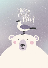 Vector Card With A Polar Bear And A Bird. Merry Christmas Greeting Card.