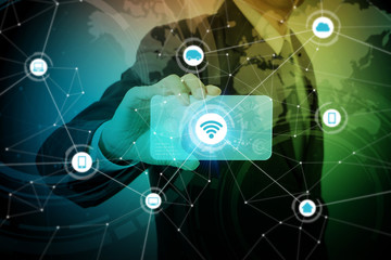 Aufkleber - business person holding smart phone and wireless communication network, technical abstract