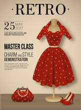 Retro Fashion Poster With Polka Dot Dress, Vector Illustration
