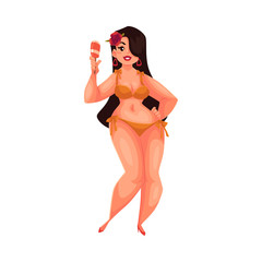 Cute curvy, overweight girl in bikini eating popsicle, cartoon vector illustration isolated on white background. Smiling fat, chubby, curvy girl, plus size model with long black hair in swimming suit