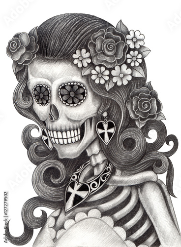 Women Skull Art Day Of The Dead Hand Pencil Drawing On Paper