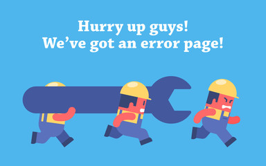 Error page design. Funny cartoon workers running and carrying big spanner.