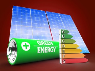 3d illustration of battery over red background with solar panel and efficient ranks