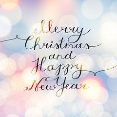 Poster - merry christmas and happy new year, vector lettering, handwritten text on blurred background with lights