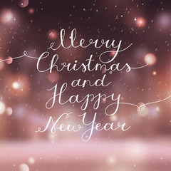 Wall Mural - merry christmas and happy new year, vector lettering, handwritten text on blurred background of night winter street