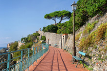 Seaside Promenade Of The Mediterranean Resort Genoa Nervi In Italy On A Beautiful Sunny Day