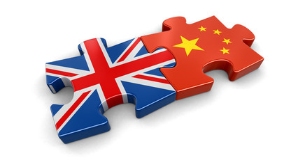 Poster - UK and China puzzle from flags. Image with clipping path
