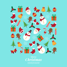 Merry Christmas. Santa Claus And Stuff. Icons Decoration In Square Shape. Vector Illustration.