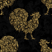 Seamless Pattern With Golden Rooster On Black Background. 2017 New Symbol.