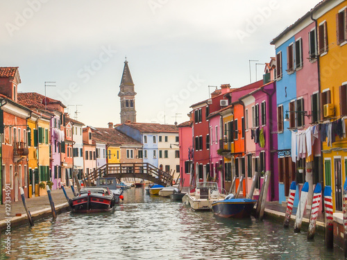 colorful street of burano island in venice, italy Poster