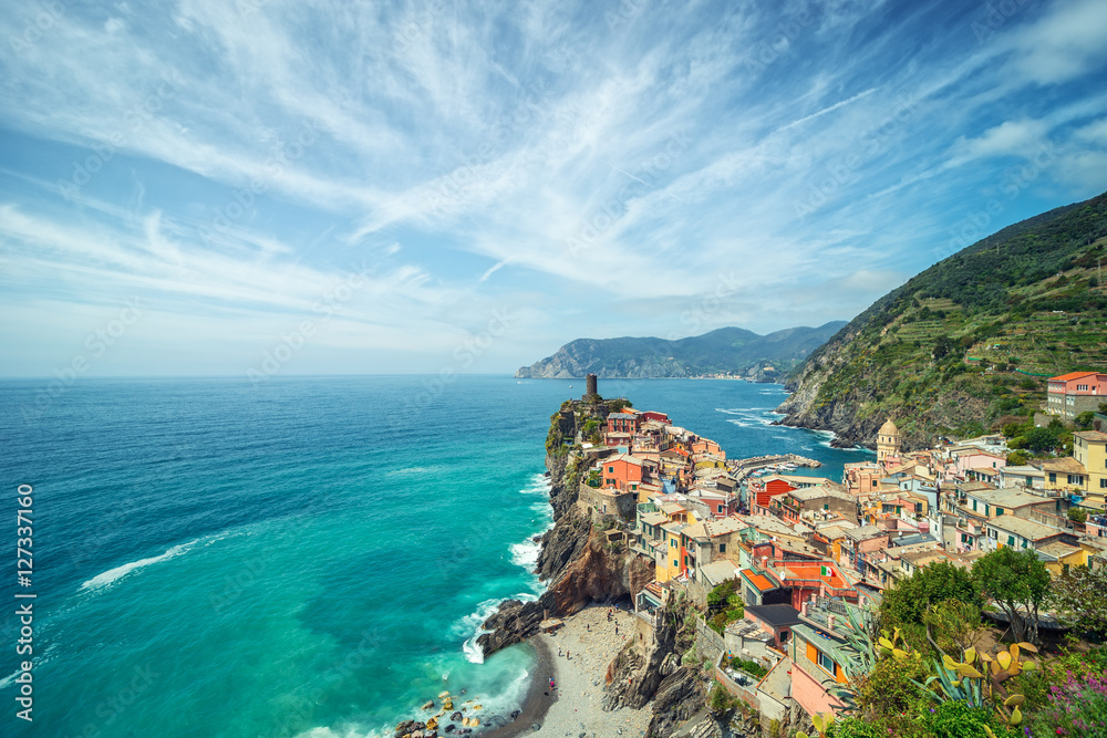 Colorful town on the rocks, Landscape Italy - obrazy, fototapety, plakaty 