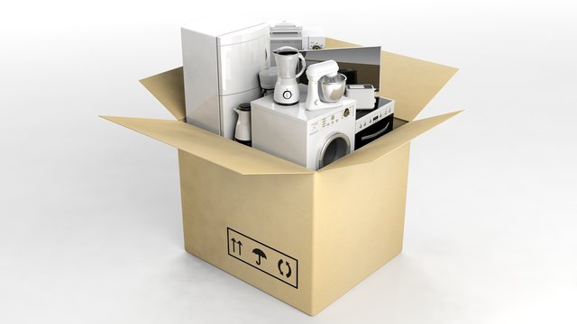 3d rendering home appliances in a moving box
