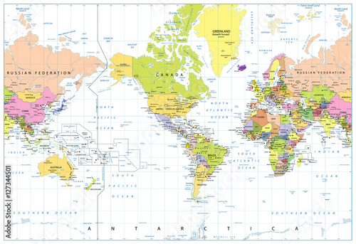 Plakat Ameryka centrowana polityczna mapa świata na białym tle