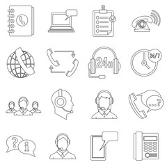 Poster - Call center symbols icons set. Outline illustration of 16 call center symbols vector icons for web