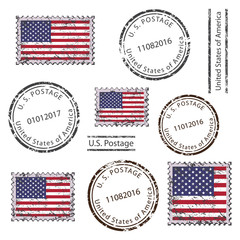 Vintage USA American grunge postal stamps and postmarks with USA flag, set isolated on white background, vector illustration.