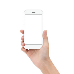Poster - close up hand hold phone isolated on white, mock-ups phone white