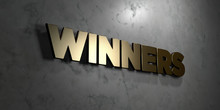 Winners - Gold Sign Mounted On Glossy Marble Wall  - 3D Rendered Royalty Free Stock Illustration. This Image Can Be Used For An Online Website Banner Ad Or A Print Postcard.