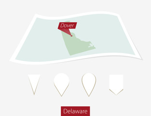 Wall Mural - Curved paper map of Delaware state with capital Dover on Gray Background. Four different Map pin set.