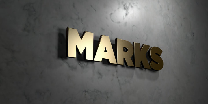 Marks - Gold sign mounted on glossy marble wall  - 3D rendered royalty free stock illustration. This image can be used for an online website banner ad or a print postcard.