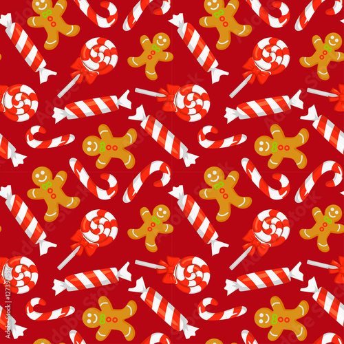 Stoffe zum Nähen Nahtlose Muster mit niedlichen Cartoon Weihnachten Zuckerstangen, Süßigkeiten und Pfefferkuchen. Neue Jahr traditionelle Symbole. Vektor-Cliparts