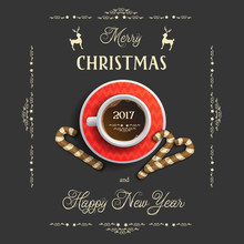 Vector Christmas Background With Greeting Inscription Celebratory Cup Of Coffee And Cakes On Black. Happy New Year. Happy Holidays