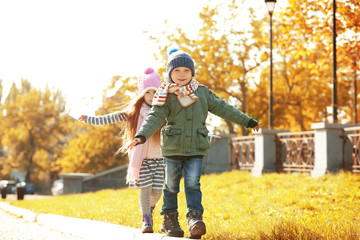 Wall Mural - Children having fun walking in park