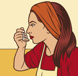 Fototapeta Młodzieżowe - woman in the kitchen pop art illustration (girl taste a soup with a spoon)